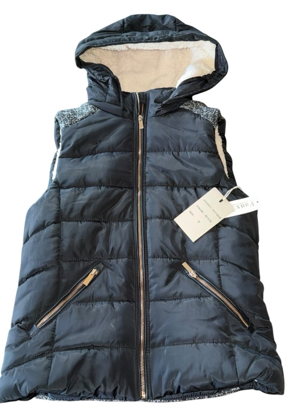 Ci Sono Women’s  Puffer Vest Full Zip Faux Fur Lined NWT Size Medium Black Grey
